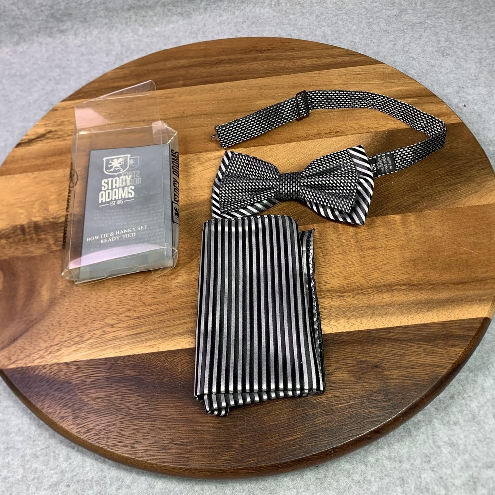 Stacy Adams Bow Tie Hanky Set Mens Striped Ready Tied Microfiber Formal Wedding